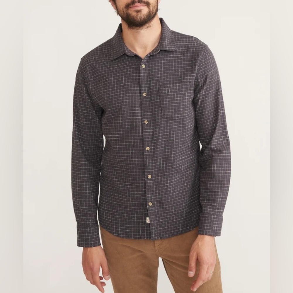 Marine Layer Classic Stretch Selvage Shirt Black Windowpane Mens Size Large NWT